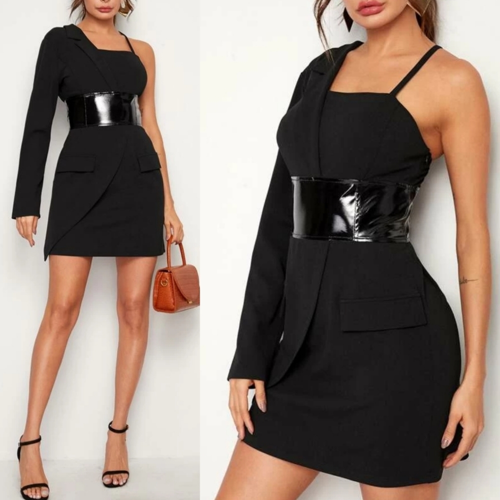 Asymmetrical Neck Black Dress